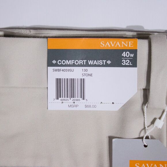 NWT Savane Elastic Comfort Waist Dress Khaki Pleat Cuff Pants Stone Men 40x32 - Picture 6 of 11